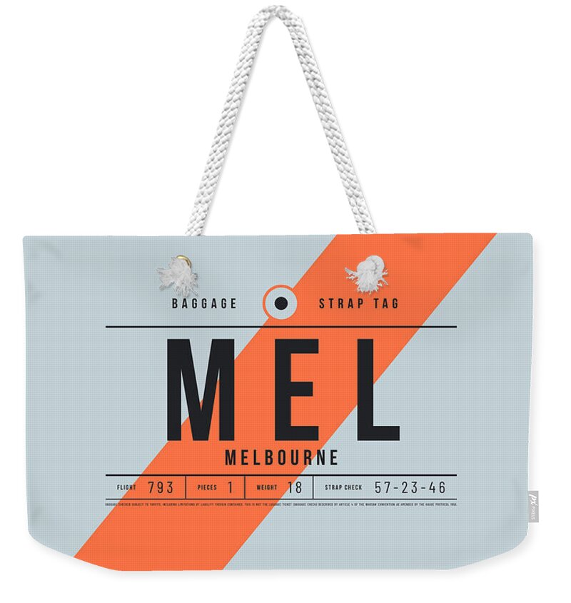 Airline Weekender Tote Bag featuring the digital art Baggage Tag E - MEL Melbourne Australia by Organic Synthesis