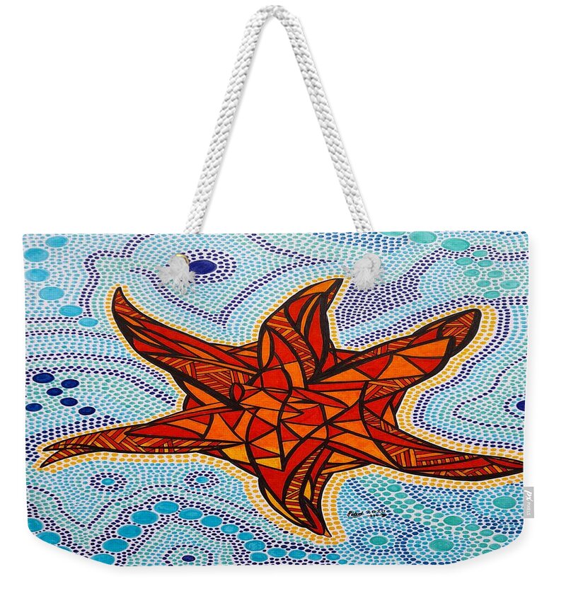 Starfish Weekender Tote Bag featuring the drawing Funky Starfish by Peter Johnstone