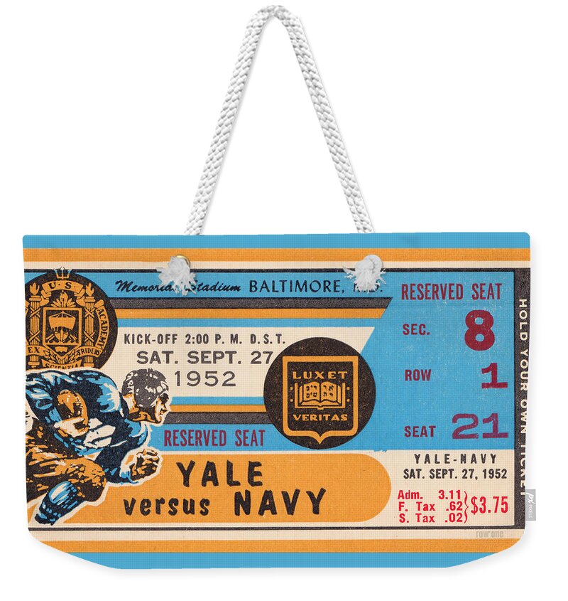 Yale Weekender Tote Bag featuring the mixed media 1952 Yale vs. Navy by Row One Brand