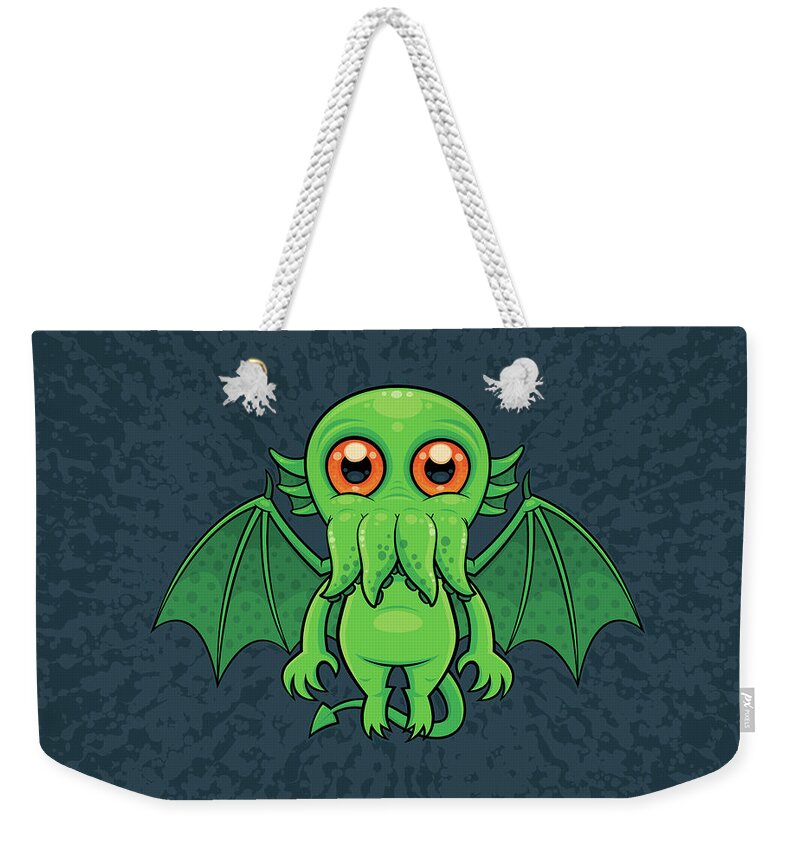 Cthulhu Weekender Tote Bag featuring the digital art Cute Green Cthulhu Monster by John Schwegel