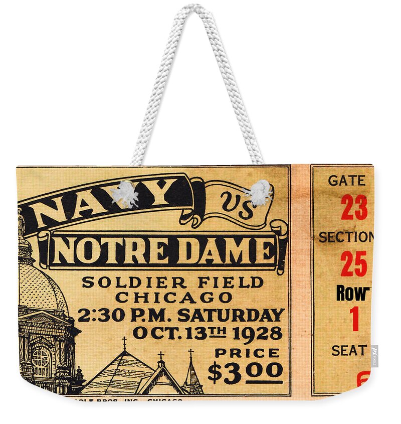 1928 Weekender Tote Bag featuring the mixed media 1928 Navy vs. Notre Dame Football Ticket Art by Row One Brand