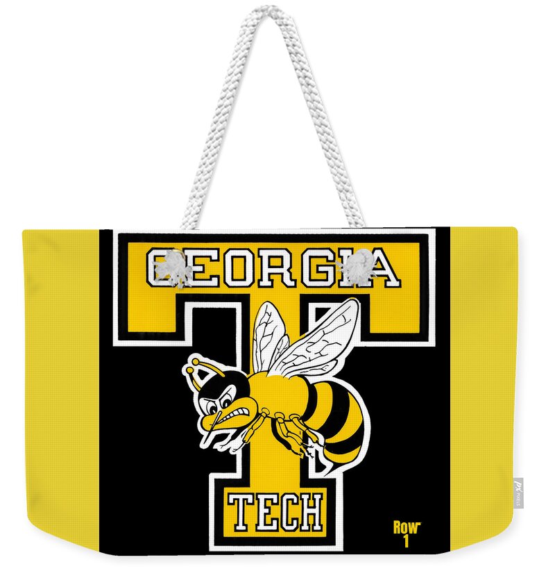 Georgia Tech Weekender Tote Bag featuring the mixed media Retro Georgia Tech Yellow Jacket Art by Row One Brand