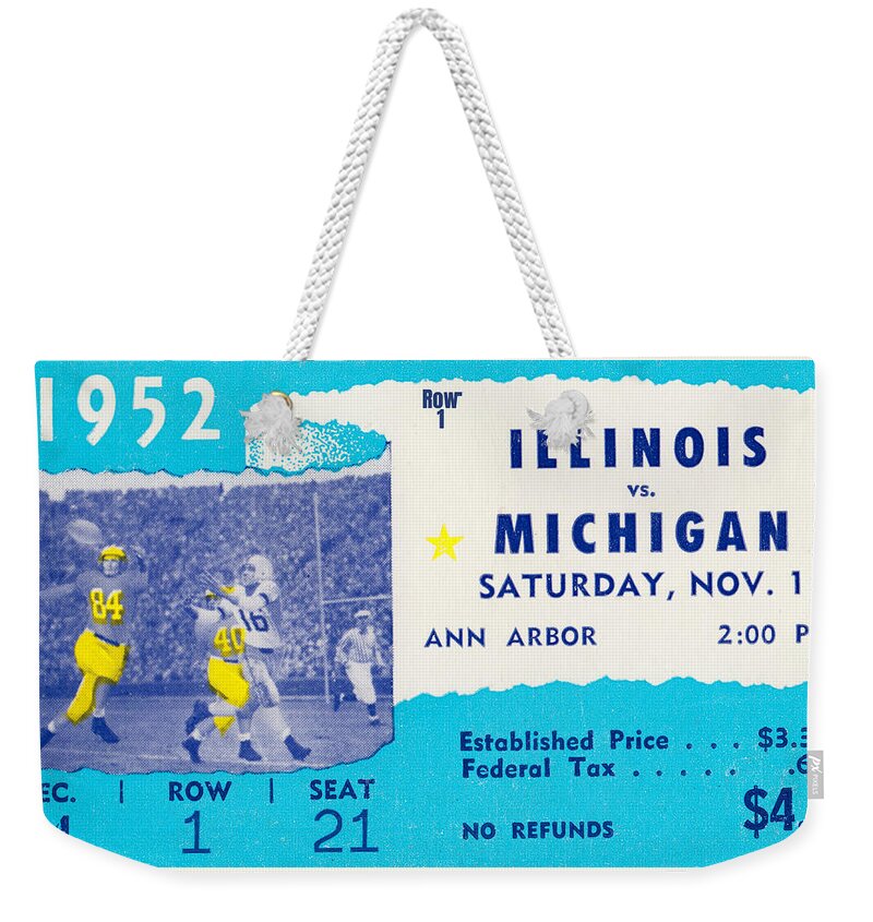 Michigan Weekender Tote Bag featuring the mixed media 1952 Michigan vs. Illinois Football Ticket Stub Art by Row One Brand