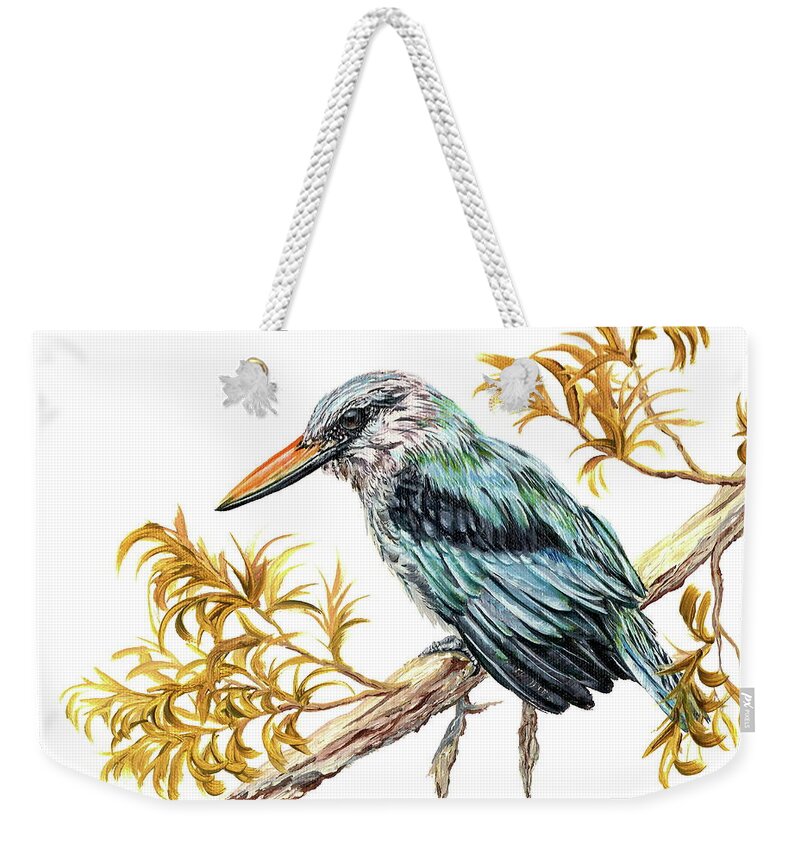 Keith Carey Wildlife Art Weekender Tote Bag featuring the painting Woodland kingfisher by Keith Carey