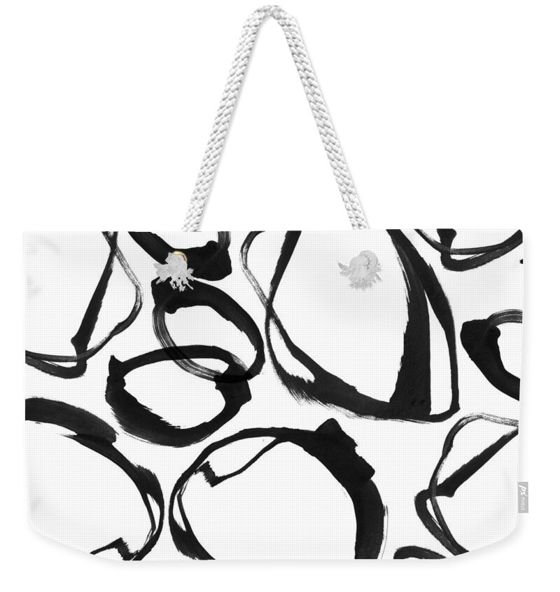 Black Weekender Tote Bag featuring the painting Ink Rings 2 Black and White Abstract Painting by Janine Aykens