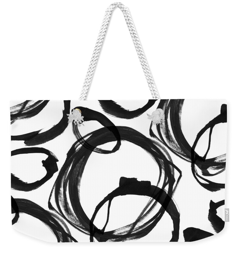 Black Weekender Tote Bag featuring the painting Ink Rings 3 Black and White Abstract Painting by Janine Aykens