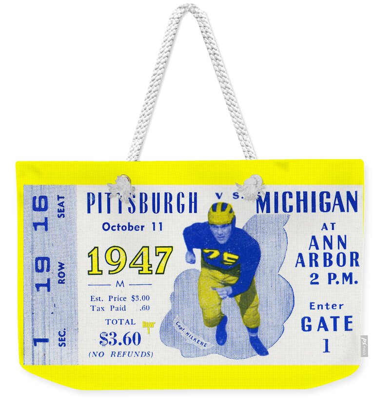 College Football Weekender Tote Bag featuring the mixed media 1947 Michigan vs. Pittsburgh Football Ticket Art by Row One Brand