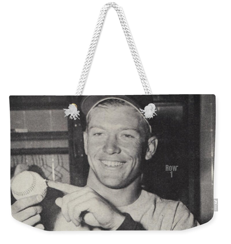 Mickey Mantle Weekender Tote Bag featuring the mixed media 1953 Mickey Mantle Home Run Photo by Row One Brand