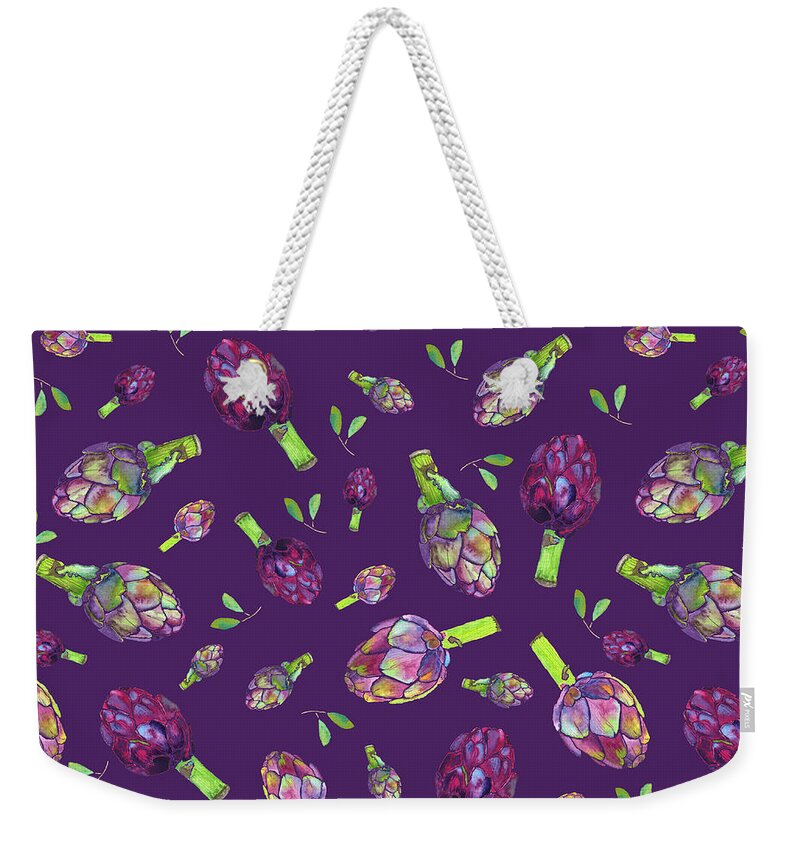Artichokes Weekender Tote Bag featuring the painting Artichoke Trio on Aubergine Background by Marcy Brennan