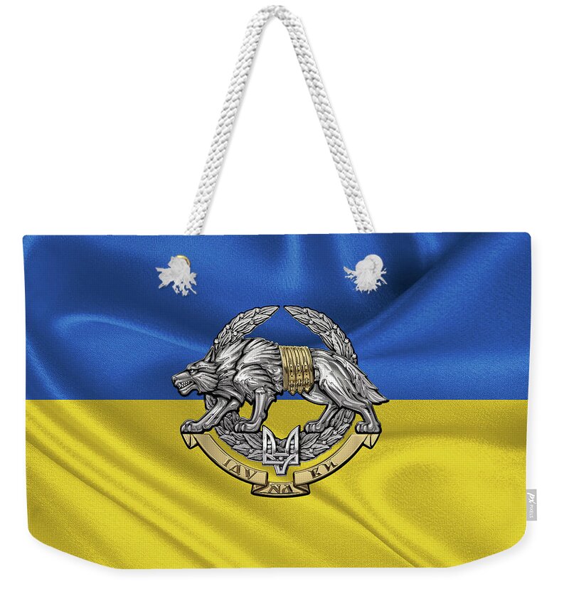 'military Insignia & Heraldry’ Collection By Serge Averbukh Weekender Tote Bag featuring the digital art Ukrainian Special Operations Forces - SSO Emblem over Ukrainian Colors by Serge Averbukh
