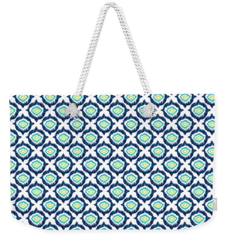 Ikat Weekender Tote Bag featuring the painting Hand Painted Blue Ikat Ogee by Marcy Brennan