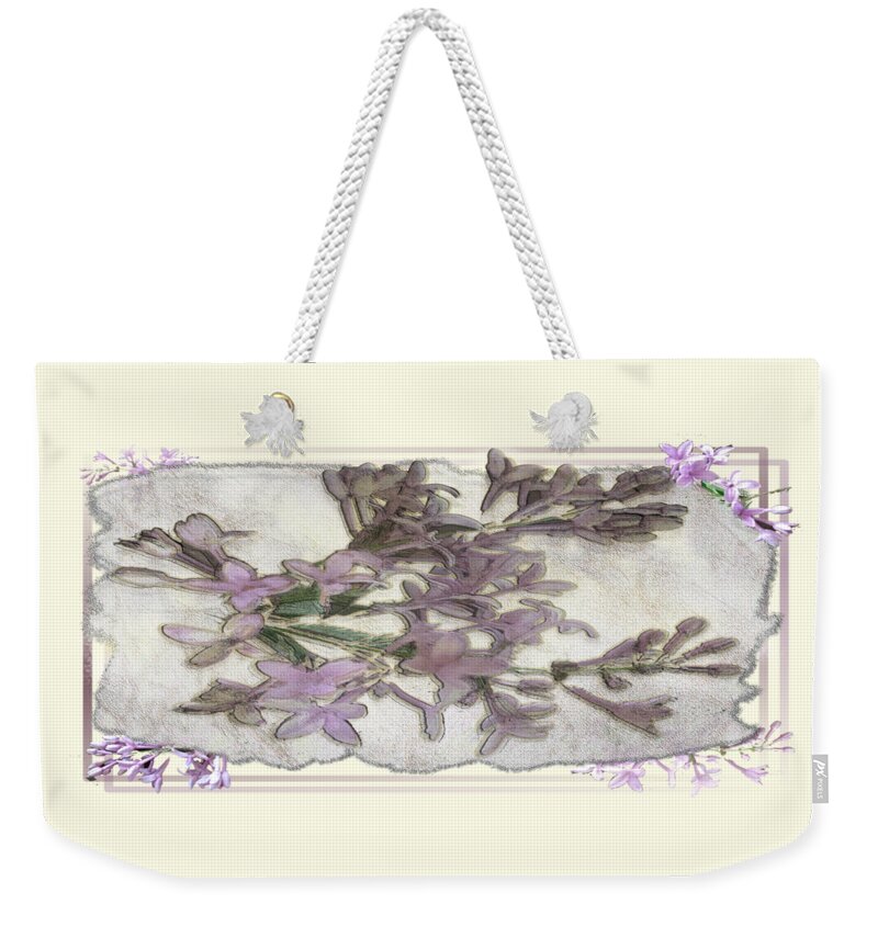 Lavender Weekender Tote Bag featuring the digital art Lavender Lilac Fossil Floral Design by Delynn Addams