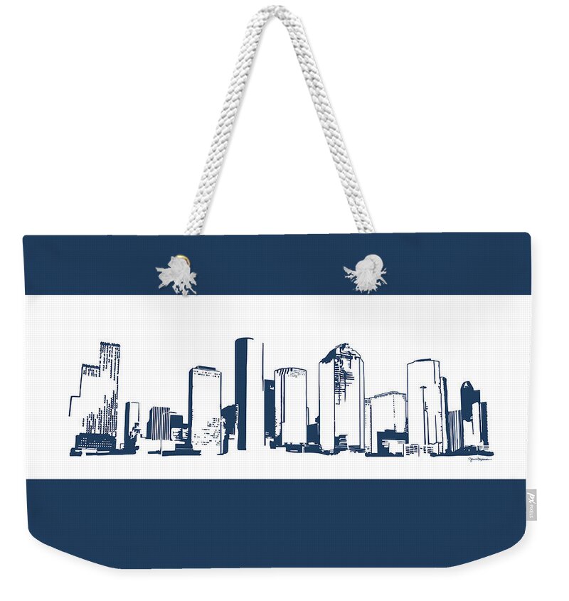 Jan M Stephenson Designs Weekender Tote Bag featuring the digital art Houston, Texas Skyline, Navy - Line Art by Jan M Stephenson
