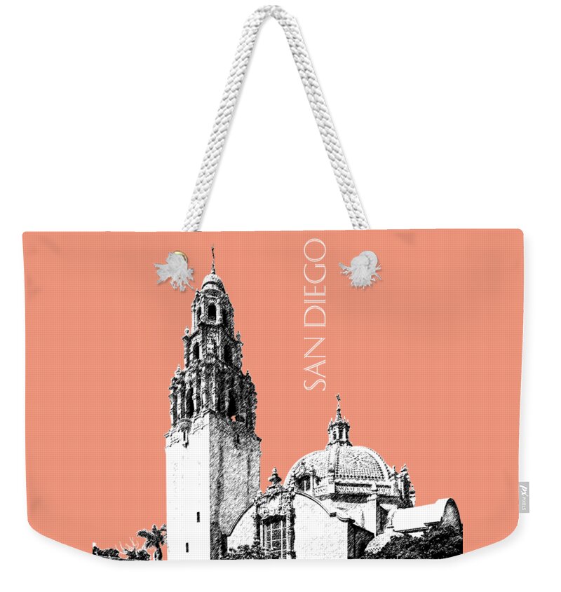 Architecture Weekender Tote Bag featuring the digital art San Diego Skyline Balboa Park - Salmon by DB Artist