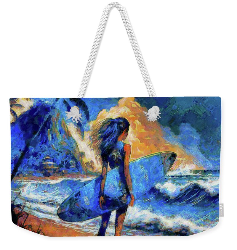 Girl With Surfboard Checking Swell Weekender Tote Bag featuring the digital art Girl with Surfoard Checking Swell by Caito Junqueira