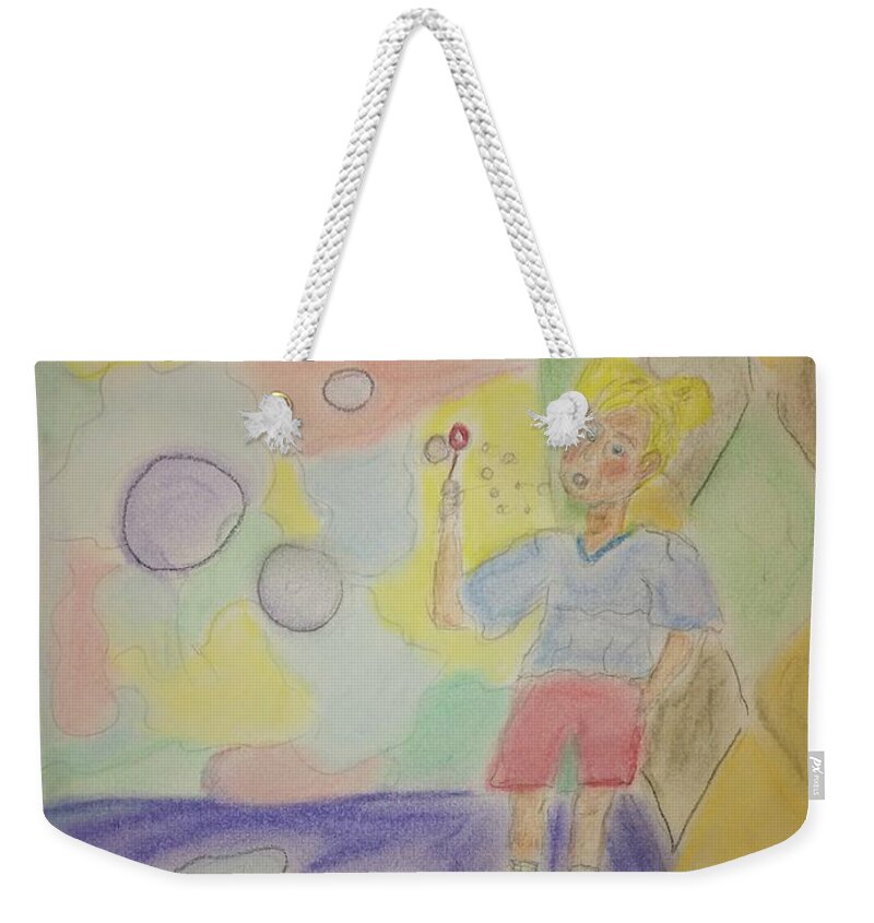 Child Weekender Tote Bag featuring the pastel Ashley Blowing Bubbles by Suzanne Berthier