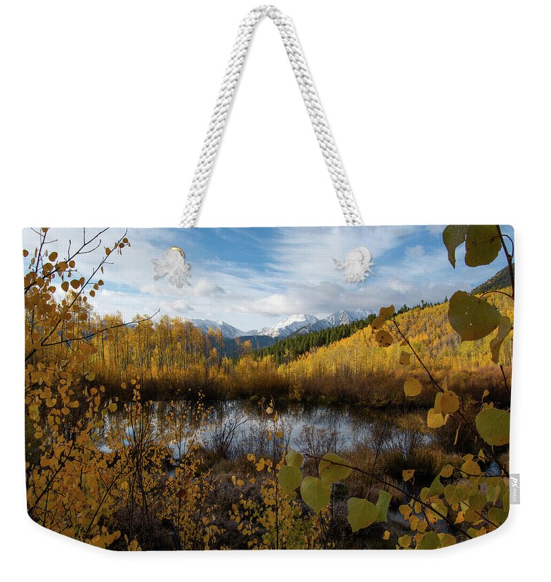 Aspen Weekender Tote Bag featuring the photograph Aspen Leaf Framing of Autumn Landscape by Cascade Colors