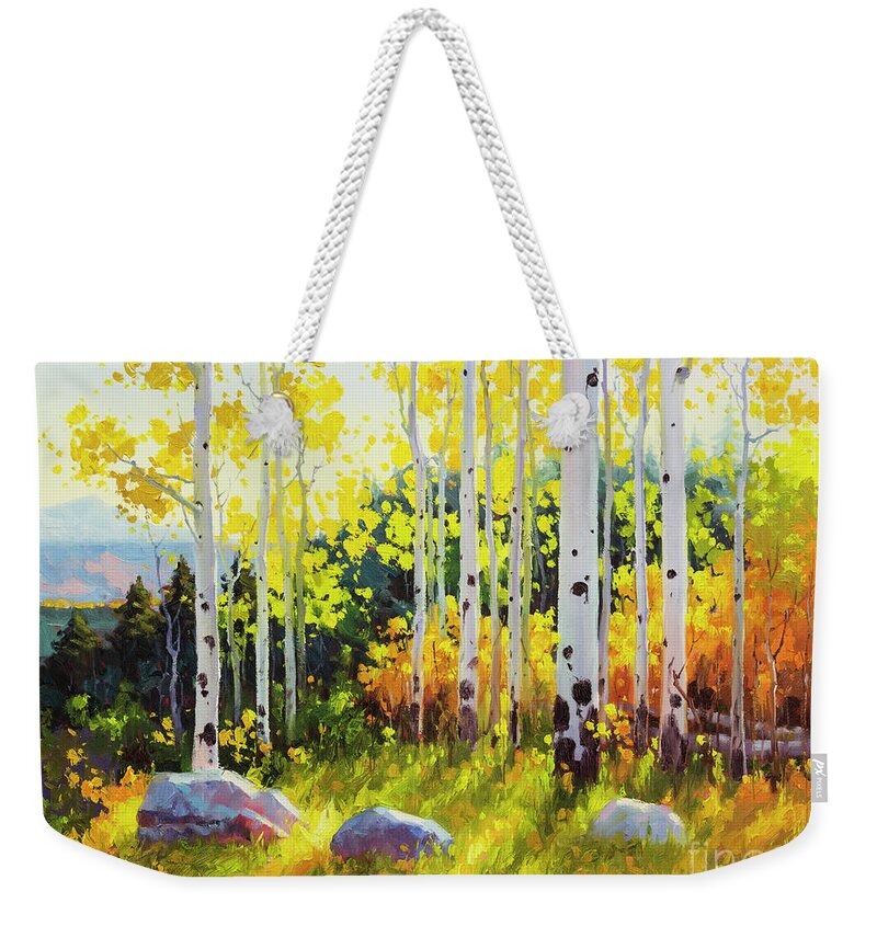 Original Oil Aspen Birch Tree Landscape Painting Large Stretched Canvas Modern Forest Light Healing Commission Art Master Artist Gary Kim Large Painting Aspen Weekender Tote Bag featuring the painting Aspen Vista Sunset 2 by Gary Kim