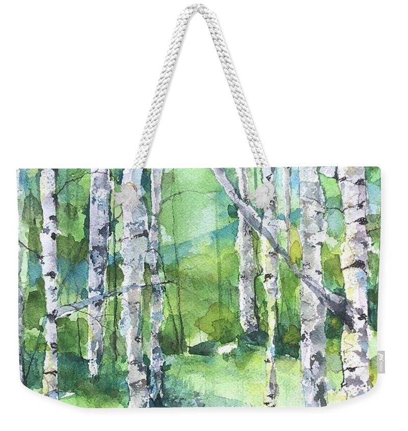 Rio Weekender Tote Bag featuring the painting Aspens on the Rio Chama by Robin Miller-Bookhout