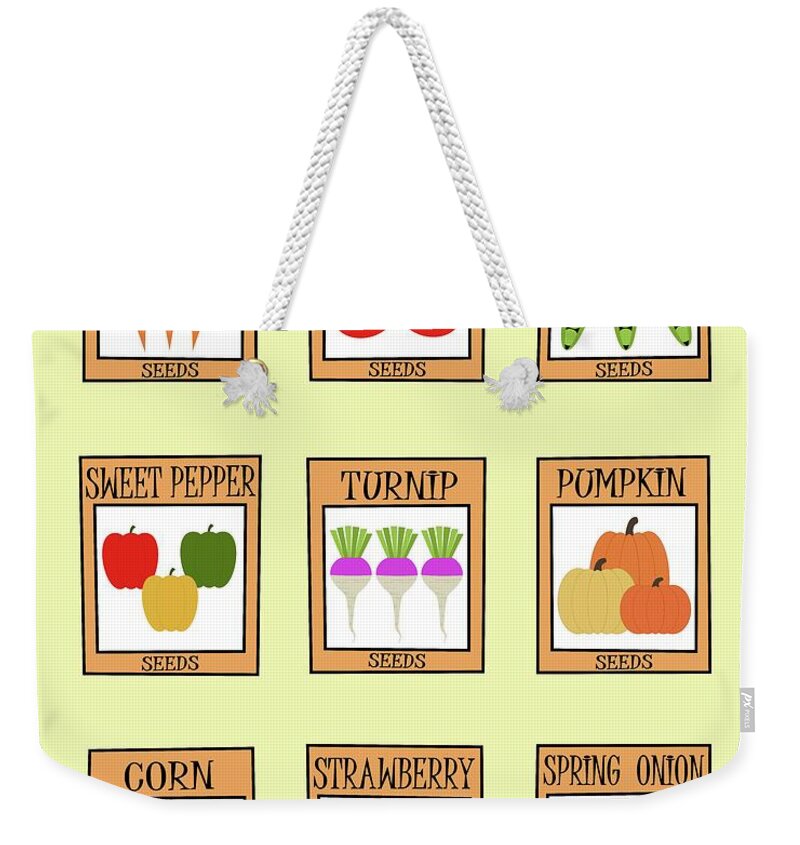 Retro Weekender Tote Bag featuring the digital art Assortment of Retro Seed Packets by Donna Mibus