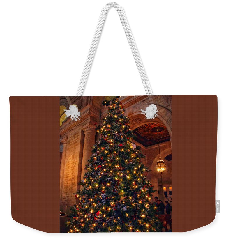 New York Public Library Weekender Tote Bag featuring the photograph Astor Hall Christmas by Jessica Jenney