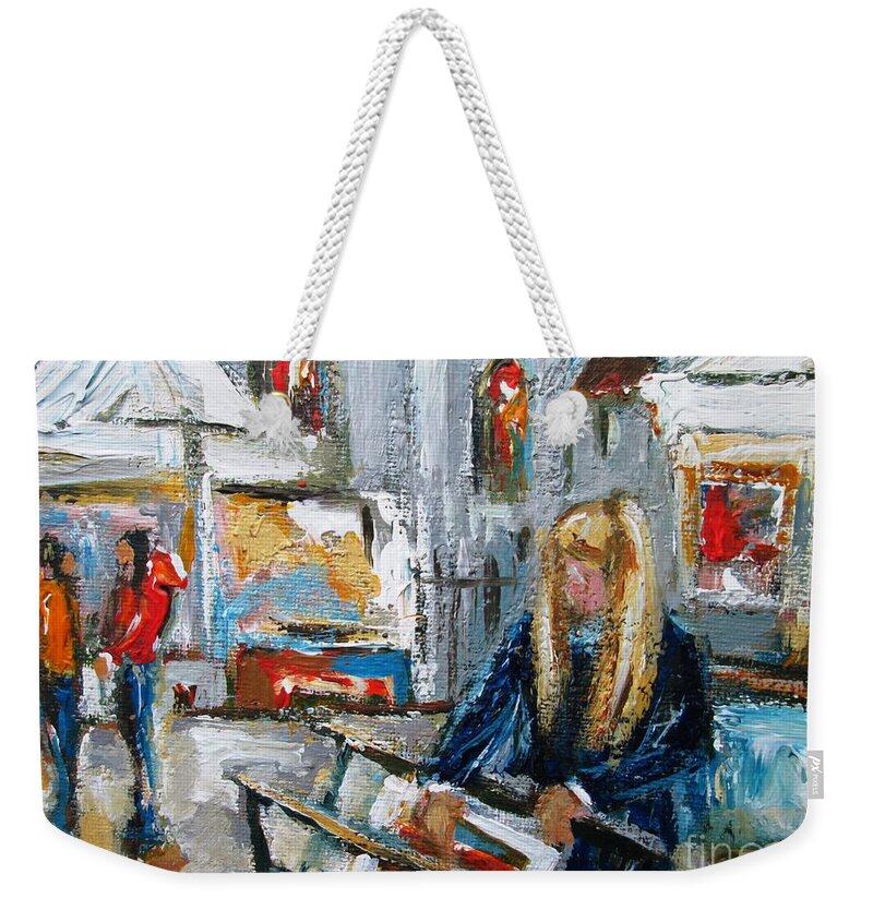 Galway Art Market Weekender Tote Bag featuring the painting Painting Of ...at Galway Market 2019 by Mary Cahalan Lee - aka PIXI