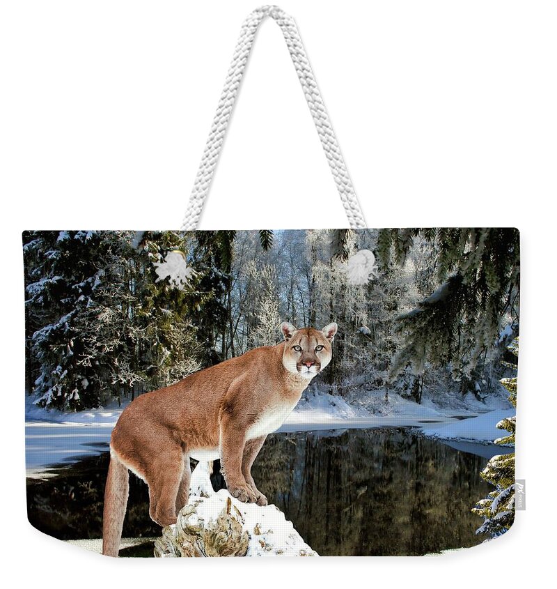 Cougar Weekender Tote Bag featuring the digital art At Home in the Forest by Norman Brule