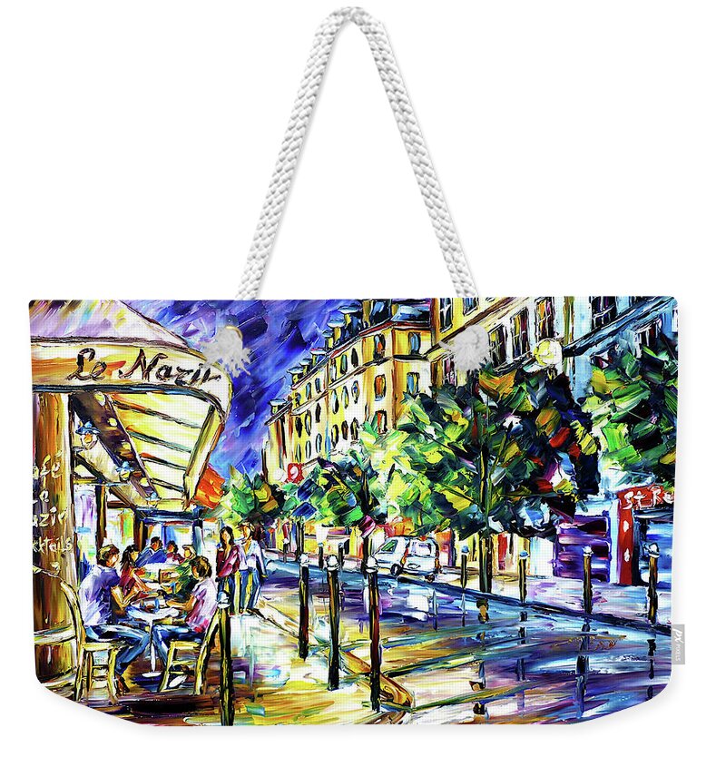 Cafe Le Nazir Paris Weekender Tote Bag featuring the painting At Night On Montmartre by Mirek Kuzniar