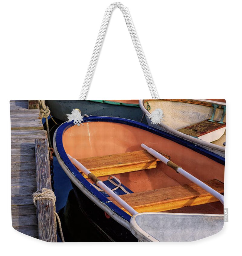 Acadia Weekender Tote Bag featuring the photograph At The Dock. Row Boats In Southwest Harbor, Maine by Jeff Sinon