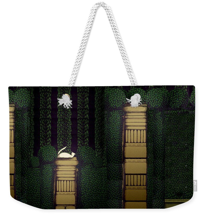 Cat Weekender Tote Bag featuring the digital art At the Garden Entrance Cat by Donna Huntriss