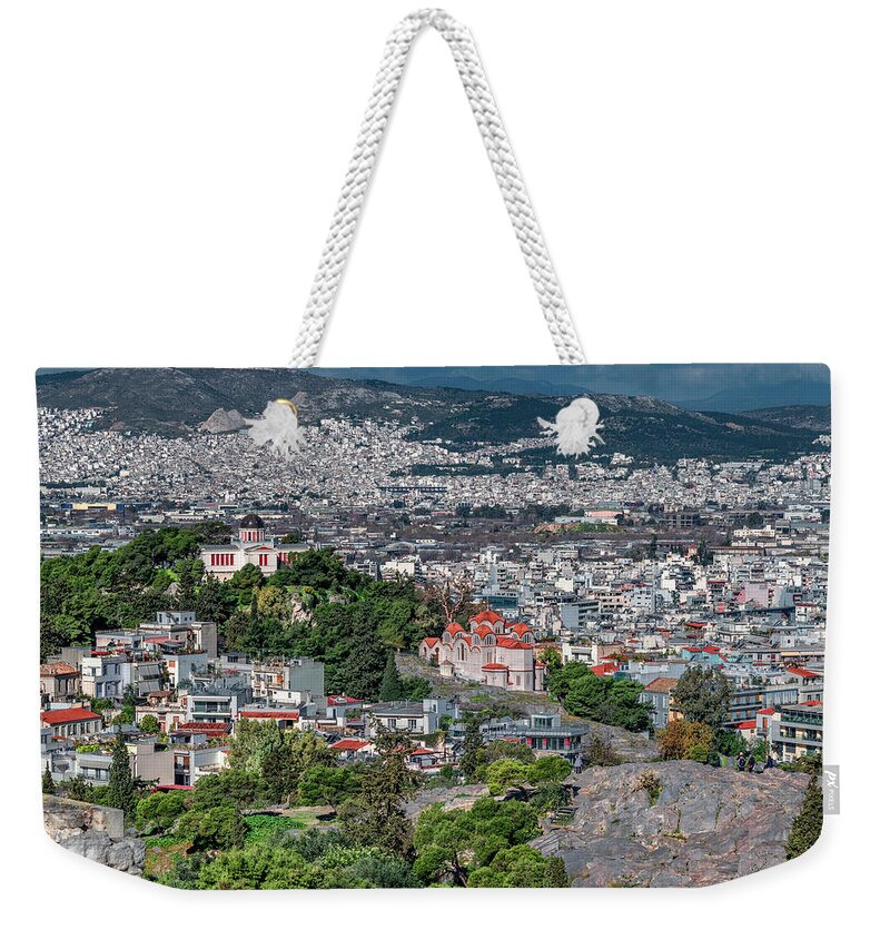 Greece Weekender Tote Bag featuring the photograph Athens, As Viewed From The Acropolis by Marcy Wielfaert