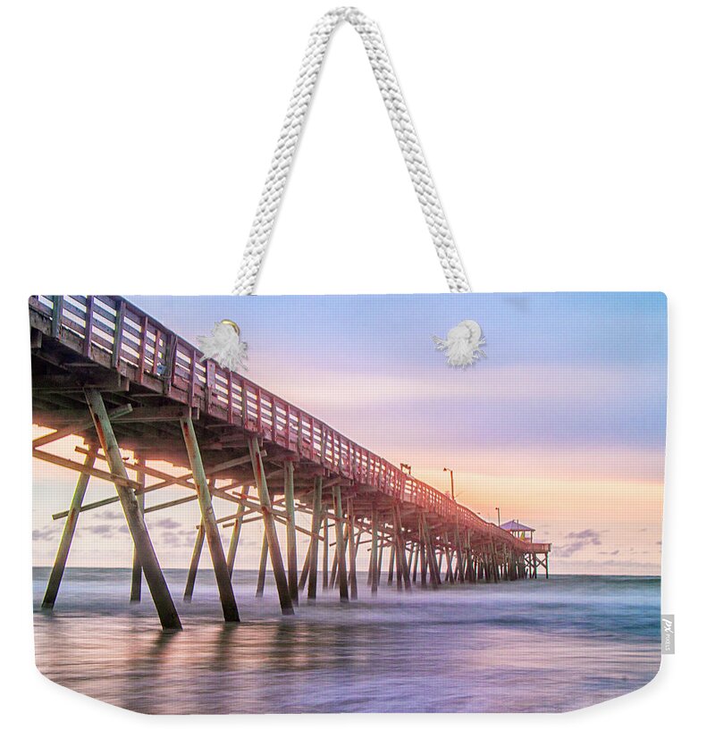 Fishing Pier Weekender Tote Bag featuring the photograph Atlantic Beach Fishing Pier at Sunset by Bob Decker