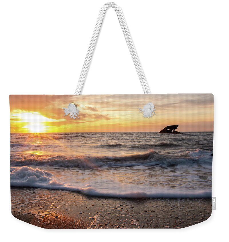 New Jersey Weekender Tote Bag featuring the photograph Atlantus Shipwreck at Sunset Beach by Kristia Adams