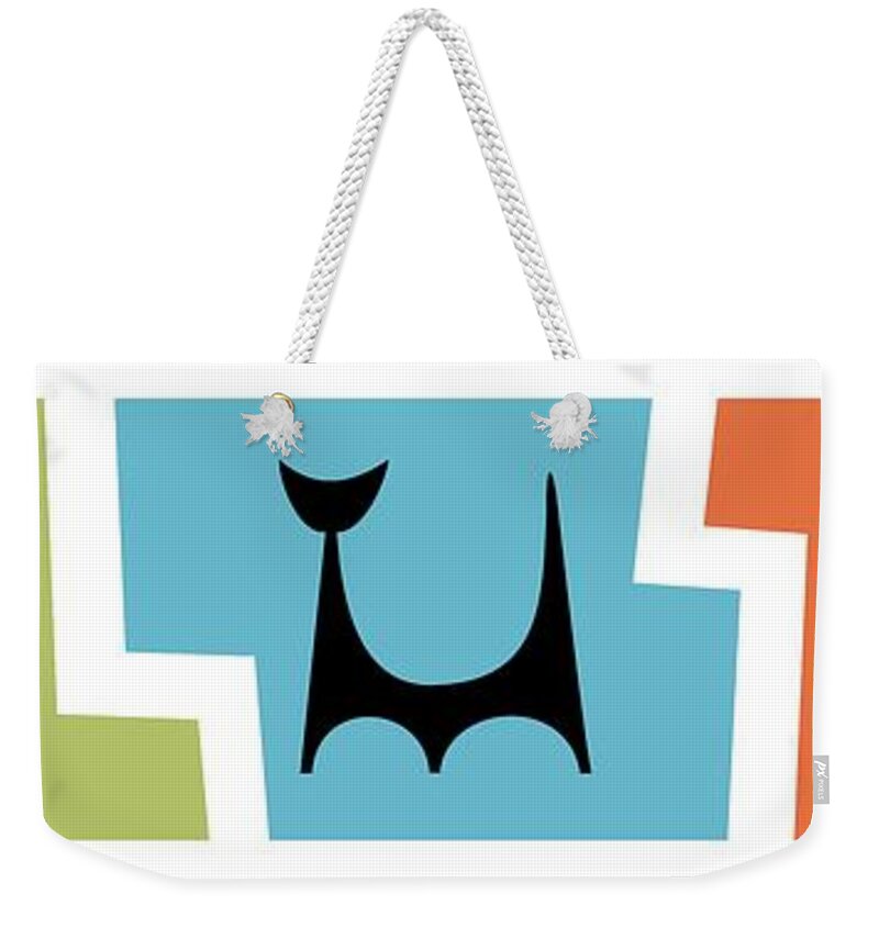Atomic Cat Weekender Tote Bag featuring the digital art Atomic Cat Trio Green Blue Orange by Donna Mibus
