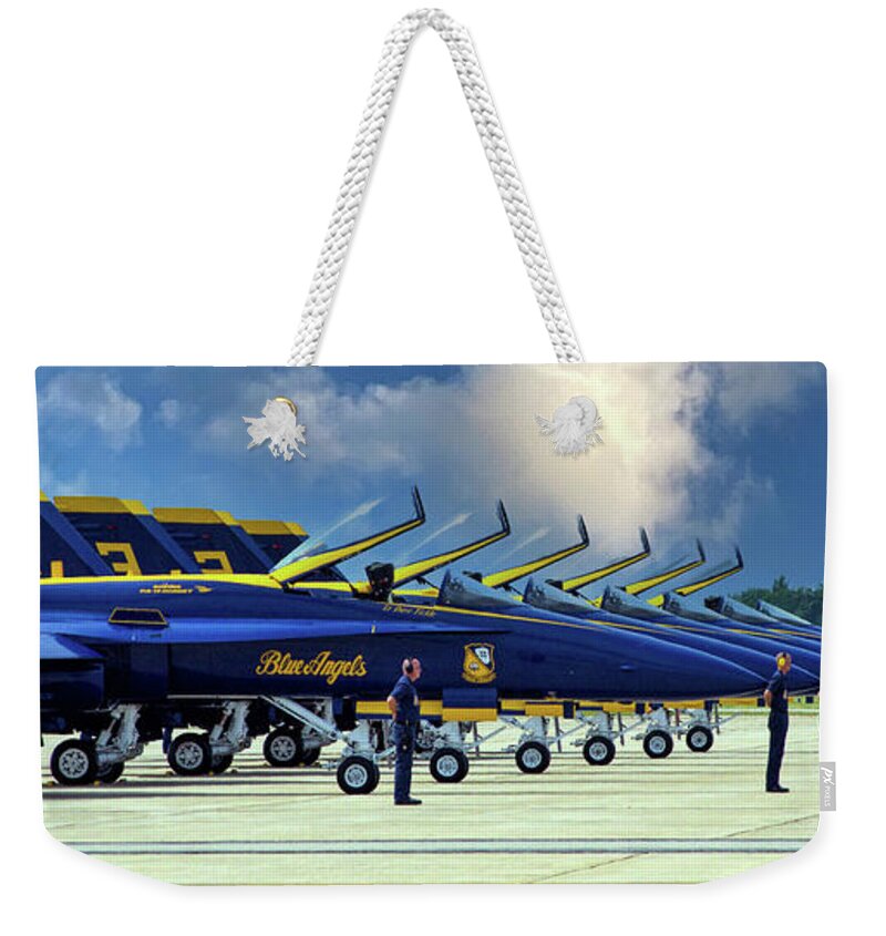 Blue Weekender Tote Bag featuring the photograph Attention Angels by Kevin Fortier
