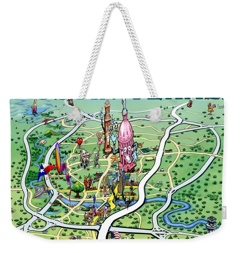 Austin Weekender Tote Bag featuring the painting Austin Texas Fun Map by Kevin Middleton