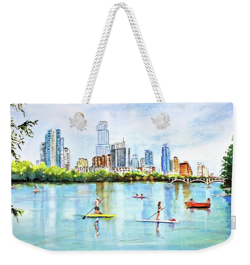 Austin Weekender Tote Bag featuring the painting Austin Texas Skyline from Lou Neff Point by Carlin Blahnik CarlinArtWatercolor