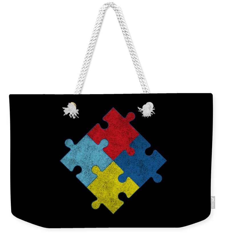 Cool Weekender Tote Bag featuring the digital art Autism Awareness Puzzle Pieces Vintage by Flippin Sweet Gear