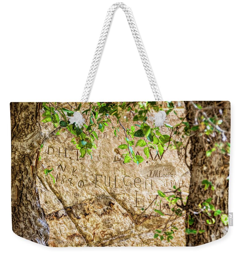 1800s Weekender Tote Bag featuring the photograph Autograph Rock in Oklahoma Panhandle 2 by Debra Martz