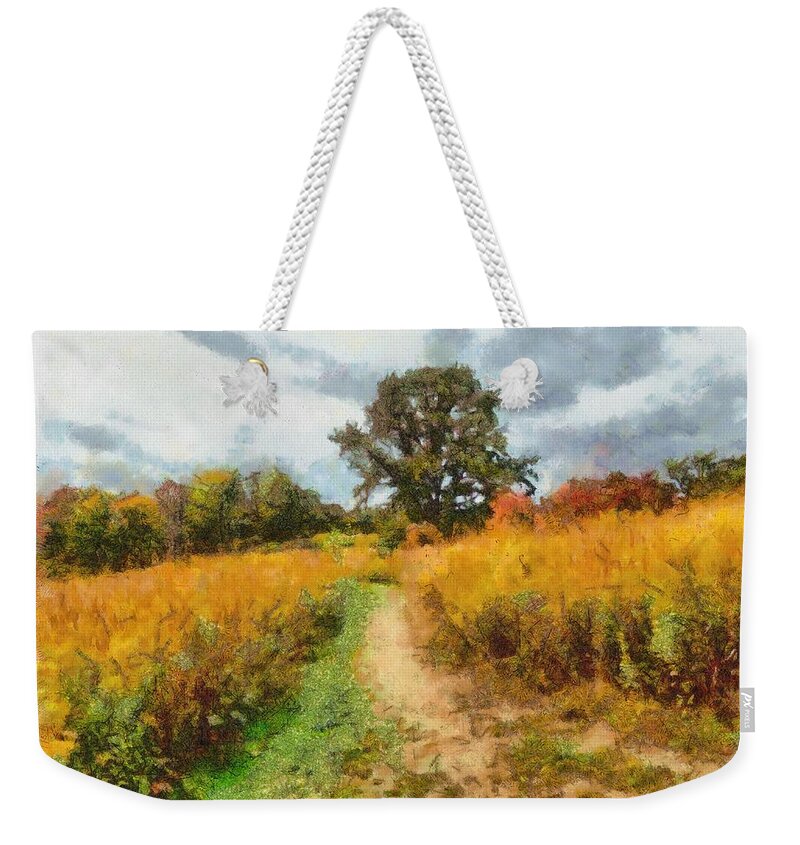 Field Weekender Tote Bag featuring the mixed media Autumn Afternoon on the Trail by Christopher Reed