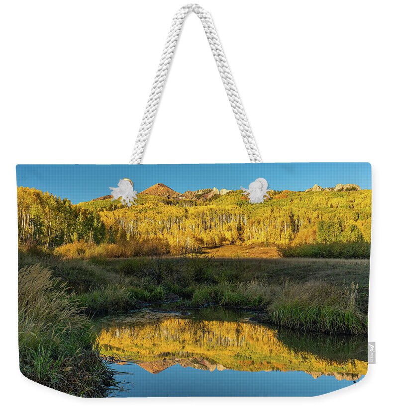 Fall Weekender Tote Bag featuring the photograph Autumn Aspen Reflection by Ron Long Ltd Photography