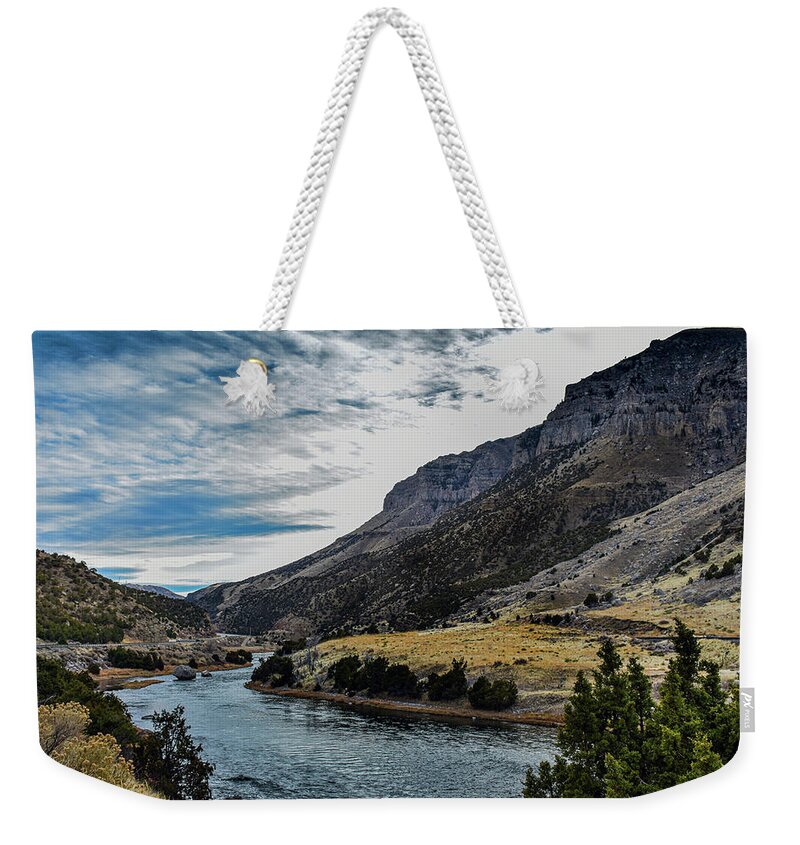 River Weekender Tote Bag featuring the photograph Autumn at Wind River Canyon by Laura Putman
