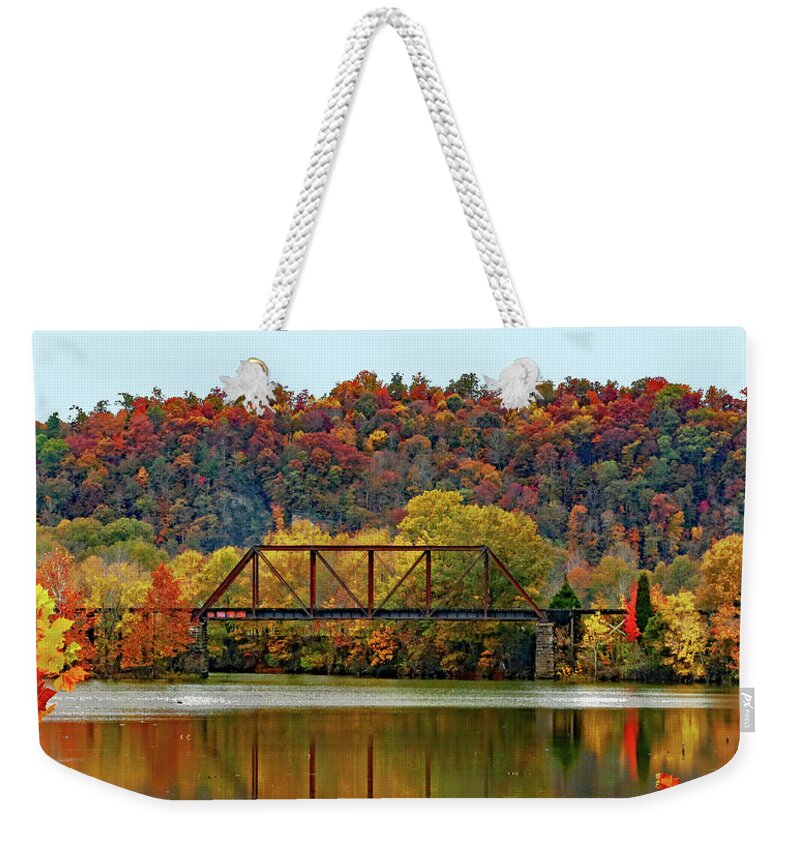 Bridge Weekender Tote Bag featuring the photograph Autumn Bridge by Gina Fitzhugh