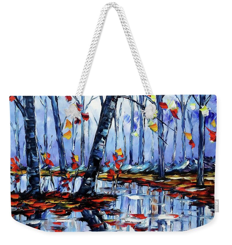 Golden Autumn Weekender Tote Bag featuring the painting Autumn By The River by Mirek Kuzniar