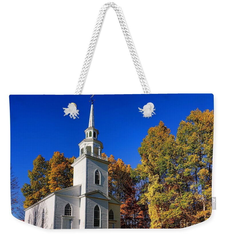 Church Weekender Tote Bag featuring the photograph Autumn Church in Maine by Olivier Le Queinec