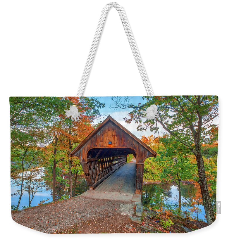 Henniker Covered Bridge Weekender Tote Bag featuring the photograph Autumn Colors at Henniker Covered Bridge and Contoocook River by Juergen Roth
