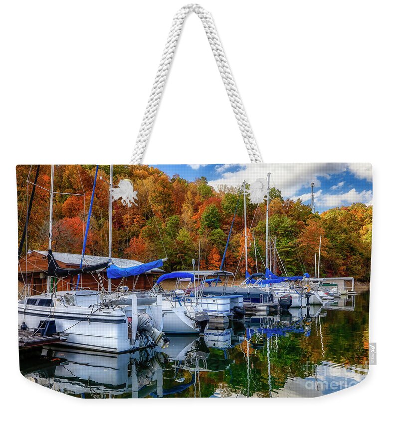 Autumn Weekender Tote Bag featuring the photograph Autumn Glory at Laurel Marina by Shelia Hunt