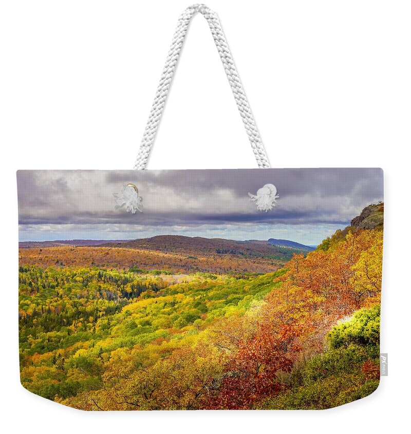 Scenic Weekender Tote Bag featuring the photograph Autumn in Copper Harbor by Susan Rydberg