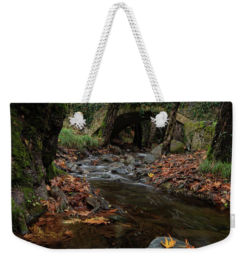 Autumn Weekender Tote Bag featuring the photograph Autumn landscape with river flowing below a stoned ancient bridge by Michalakis Ppalis