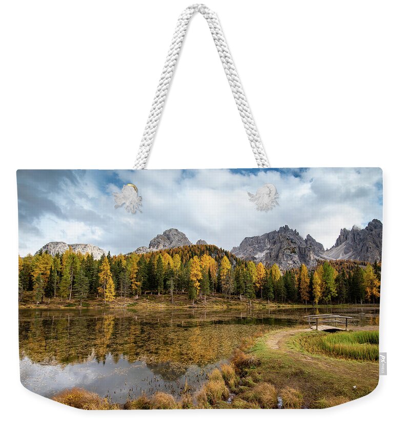 Autumn Weekender Tote Bag featuring the photograph Autumn landscape with mountains and trees by Michalakis Ppalis